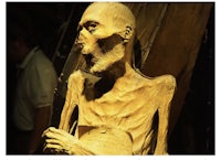 an egyptian mummy is on display in a museum